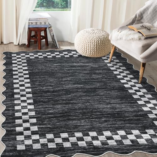 GarveeHome Scalloped Washable Rug 9x12 Area Rug for Living Room Bedroom | Modern Border Large Throw Carpet with Rubber Backing Stain Resistant Rug for Dining Room Home Decor Office, Grey - color: Scalloped Dark Grey, size: 9' x 12' (Rectangular)