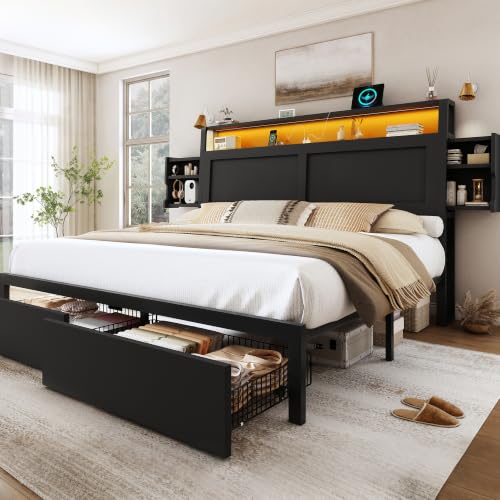 King Size Wooden Bed Frame with Storage Drawer and LED Headboard | 2-Tier Hidden Storage, Black Finish, Ergonomic Headboard, Charging Station, No Box Spring Needed, Easy Assembly - color: Black, size: King (U.S. Standard)