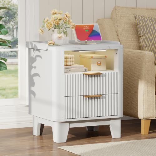 Baoz White Fluted Nightstand with Charging Station & 2 Drawers for Bedroom | 20" Wide Mid Century Modern Bedside Table Wood Faux Marble Top Curved Profile Design 27in Tall LED Night Stand - color: White, size: 2 Drawers