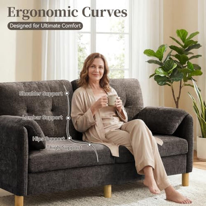 Mid Century Modern Couch, 65" Loveseat Sofa, Brown | Storage Pockets, Upholstered Small Loveseat for Small Spaces, Bedroom, Home Office, Apartments - color: Brown