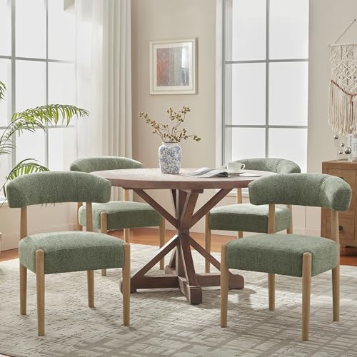 VKNOW Wooden Dining Chairs Set of 4 with Rubberwood Legs, Curved Backrest | Modern Upholstered Dining Chairs with Thickened Cushion, Soft Chenille Fabric, for Dining Room/Kitchen, Green - color: Green, size: Set of 4