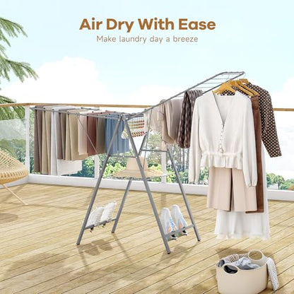 6 Height Adjustable Clothes Drying Rack with Shoe Slots, Grey | Pre-Assembled, Stable Load Structure, 22 Drying Rails, Foldable Space-Saving For Efficient Indoor & Outdoor Airflow Drying - color: Gray