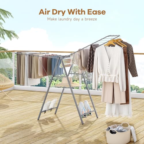 6 Height Adjustable Clothes Drying Rack with Shoe Slots, Grey | Pre-Assembled, Stable Load Structure, 22 Drying Rails, Foldable Space-Saving For Efficient Indoor & Outdoor Airflow Drying - color: Gray
