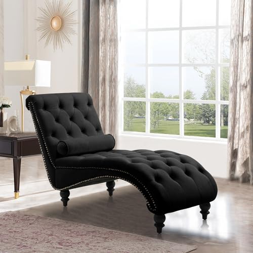 Button-Tufted Chaise Lounge Indoor, Velvet Chaise Lounge Chair with Legs & Toss Pillow, Armless Rolled Backrest Leisure Sofa Recliner for Living Room Bedroom (Black) - color: Black Velvet