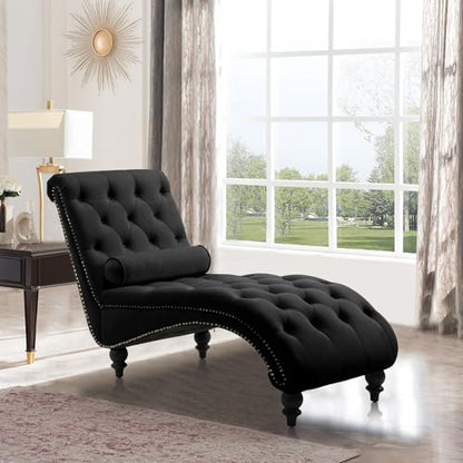 Button-Tufted Chaise Lounge Indoor, Velvet Chaise Lounge Chair with Legs & Toss Pillow, Armless Rolled Backrest Leisure Sofa Recliner for Living Room Bedroom (Black) - color: Black Velvet