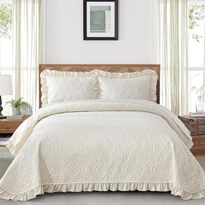DJY Quilts Queen Size, Ruffled Reversible Bedding Set, Beige | Lightweight Soft Coverlet, Embossed Quilted Blanket Quilt Bed Cover for All Season, 96''x90''(1Quilt, 2 Pillow Shams) - color: Beige, size: Queen