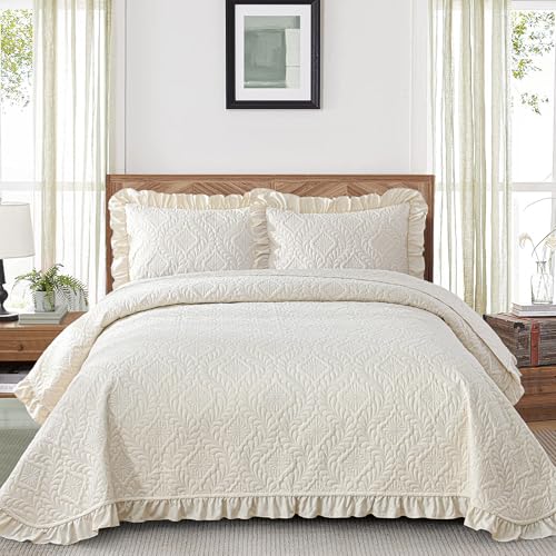 DJY Quilt King Size Bedding Sets, Beige Ruffled Bedspread Coverlet | Lightweight Summer Soft Microfiber Bedspread, Bedding Coverlet for All Seasons (1 Quilt, 2 Pillow Shams) - color: Beige, size: King