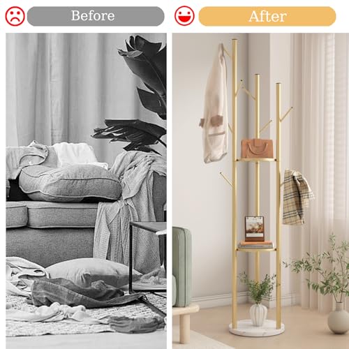 TIEOU Metal Coat Rack, Gold Coat Racks Freestanding with Shelves and Marble Base, Coat Tree with 9 Hooks for Scarves, Bags, Modern Coat Rack Stand for Entryway, Living Room, Bedroom, Easy Assembly - color: CK-Three-gold