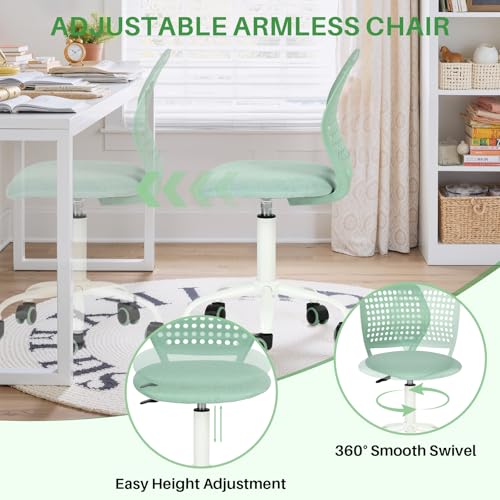 FurnitureR Armless Desk Chair with Wheels, Ergonomic Adjustable Height Swivel Task Chair with Breathable Back and Padded Seat, Rolling Study Computer Seating for Kids Teens, Mint Green - color: Mint Green