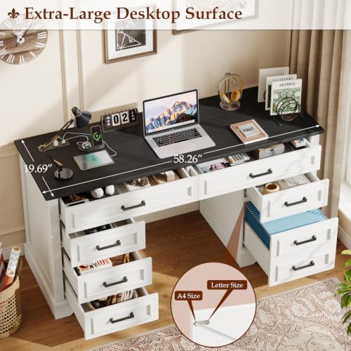 Vabches Farmhouse Executive Desk with Charging Station, White and Brown | 55'' Large Wooden Computer Desk with 7 Drawers, Workstation Computer Desk with File Cabinet for Home Office and Study - color: Rustic White and Rustic Black