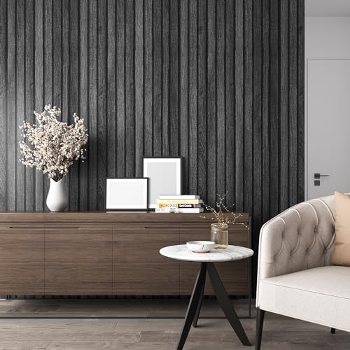 VEELIKE Charcoal Black Wood Slat Peel and Stick Wallpaper 24''x118'' Modern Wood Panel Look Contact Paper Waterproof Self Adhesive Slat Vinyl Wall Covering for Living Room Bedroom Office Accent Walls - color: Charcoal Black, size: 24" x 118"
