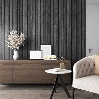VEELIKE Charcoal Black Wood Slat Peel and Stick Wallpaper 24''x118'' Modern Wood Panel Look Contact Paper Waterproof Self Adhesive Slat Vinyl Wall Covering for Living Room Bedroom Office Accent Walls - color: Charcoal Black, size: 24" x 118"