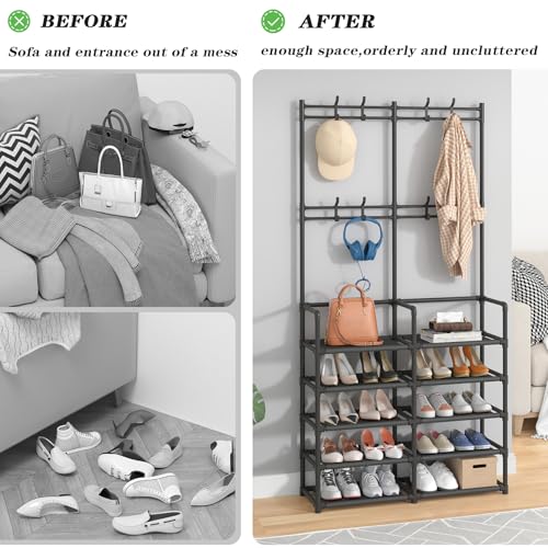 Laiensia 5-Tier Entryway Coat Rack, Coat and Shoe Rack, Entryway Bench Storage Organizer with 8 Hooks for Bedroom, Hallway, Office, Black - color: Black