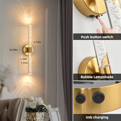 Battery Operated Wall Sconces Set of 2, Gold 20'' Rechargeable Crystal Bubble Wall Sconce with Remote Control, 3000K-6000K Dimmable LED Wireless Wall Lights for Living Room Bedroom Hallway - color: Gold