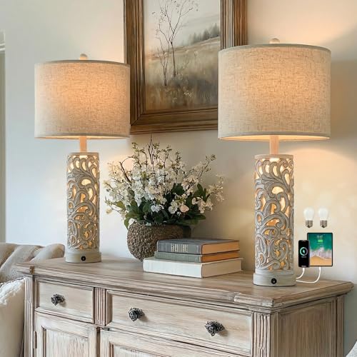 2-in-1 Light Table Lamp Set of 2 for Living Room, 28.5" Farmhouse Bedside Lamps with USB Charging Port, Main&Night Light & Dual Switches, Nightstand Lamp for Bedroom Home Office(Bulb Included) - color: Retro Grey