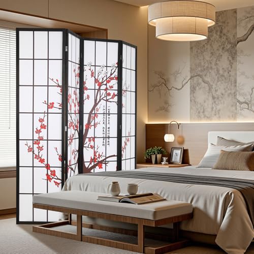 Japanese 4-Panel Screen Room Divider, 6Ft Folding Privacy Divider, White | Chinese Room Dividers, Wooden Freestanding Partition Screen with Plum Blossom