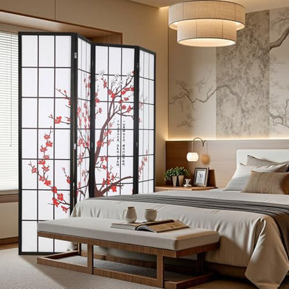 Japanese 4-Panel Screen Room Divider, 6Ft Folding Privacy Divider, White | Chinese Room Dividers, Wooden Freestanding Partition Screen with Plum Blossom