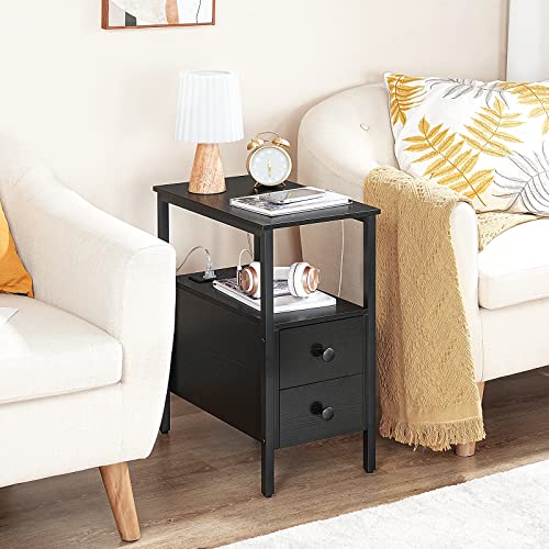HOOBRO End Table with Charging Station, Narrow Side Table with 2 Drawer & USB Port & Power Outlets, Nightstand for Small Spaces, Stable and Sturdy, for Living Room, Bedroom, Black BK541BZ01 - color: Black