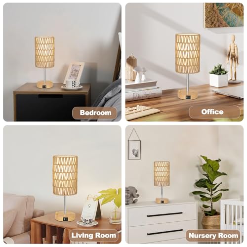 Bedside Lamps Set of 2 with Bulb, Touch Control Nightstand Lamp for Bedroom with Rattan & Linen Shade, 3 Way Dimmable Small Boho Table Lamps with USB Charging Port & Phone Stand - color: Faux wood-2pack
