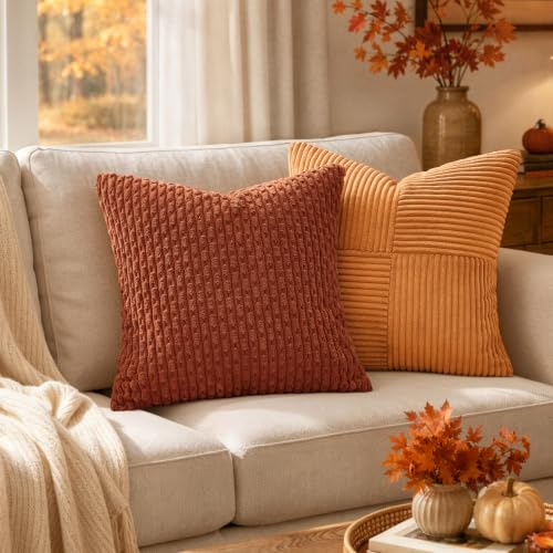 MIULEE Fall Decorative Throw Pillow Covers 16x16 Rust Textured Corduroy | Terracotta Pack of 2 Striped Pillow Covers Modern Farmhouse Autumn Home Decor for Couch Bed Sofa Living Room - color: Rust, size: 16" x 16" (Pack of 2)