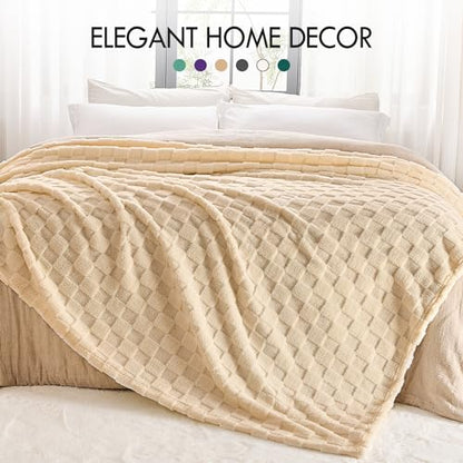 Kaisa Soft Fleece Blanket Throw, Premium 3D Checkered Blanket for Couch Sofa Bed Home Decor, Breathable Fleece Cozy Warm Luxury Lightweight Plush Blankets for All Season Use, 60"x80", Light Brown