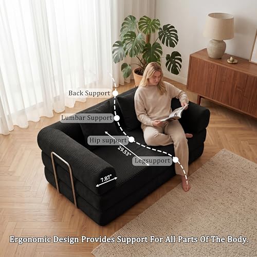 53.15" Boneless Couch,4-in-1 Futon Sofa Bed Modular Loveseat Sleeper Folding Compressed Couch with Pillows,No Assembly Required Convertible Sofa Bed for Living Room Bedroom Guest Room,Black - color: Black, size: 53.15" Loveseat Sofa