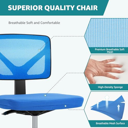 OLIXIS Armless Home Office Chair, Ergonomic Small Desk Chair | Mesh Back, Removable Washable Foam Cushion, Height Adjustable, Rolling Swivel Wheels, Small Space, Blue - color: Blue