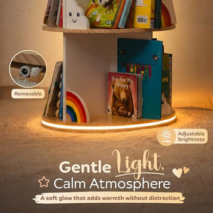 pimlyo® Rotating Bookshelf Kids with Removable Light, Spinning Book Shelf for Kids Rooms for Toddler Kid Room Storage, Small Wooden Round White Tower Bookcase for Nursery Bedroom Playroom Rooms
