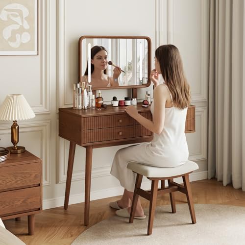 Wood Makeup Vanity,Makeup Vanity Desk with Lights,3 Color Modes & Adjustable Brightness,midcentury Modern Vanity,Walnut - size: Wood Vanity with Mirror Light