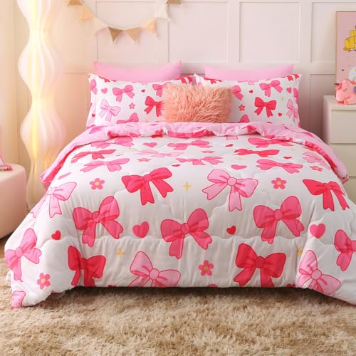 7 Piece Pink Bow Bedding Set for Girls Kids Twin Size Bowknot Comforter Set Super Soft Cute Bed in a Bag Microfiber Lightweight Bed Set for Teens Room Decor - color: Bow, size: Twin