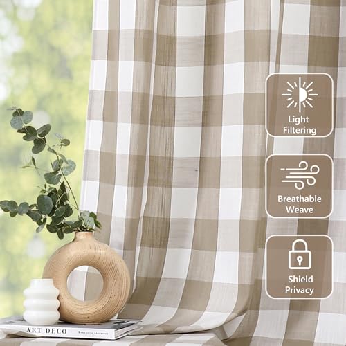 Amzdecor Buffalo Plaid Grommet Curtains 63 Inch Length, Semi-Sheer Check Textured Curtains Drapery for Living Room Bedroom Farmhouse,2 Panels （52" x 63",Beige/Tan & White） - color: Beige/White, size: 52"W x 63"L (Pack of 2)