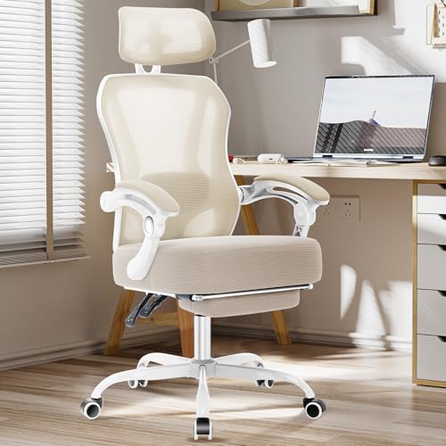 Ergonomic Office Chair with Footrest,Ultra Thick Desk Chair,Cream | 150°Reclining,Mesh High Back,Adjustable 2D Lumbar Support and Headrest,4.8" Spring Cushion,Premium Computer Chair for Adults - color: Cream
