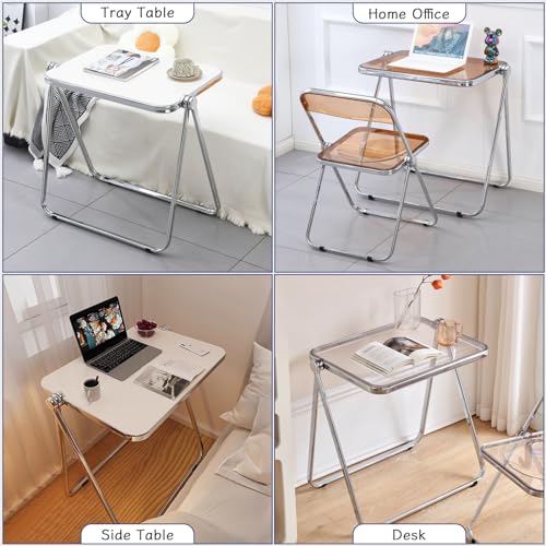 KAIHAOWIN Folding TV Tray Table Acrylic Foldable Table No Assembly Required Tiny Desk for Home Office Side Table Small Computer Desk for Small Spaces (White) - color: White