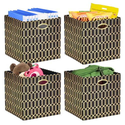 Posprica 11x11x11 Foldable Fabric Storage Cube Organizer Bins Cubby Baskets | Fabric Cubes 11×11 Collapsible Box with Handles Black Gold Geometric Pattern, 4 Pack - color: Black/gold geometry Pattern, size: 11×11×11/4pcs