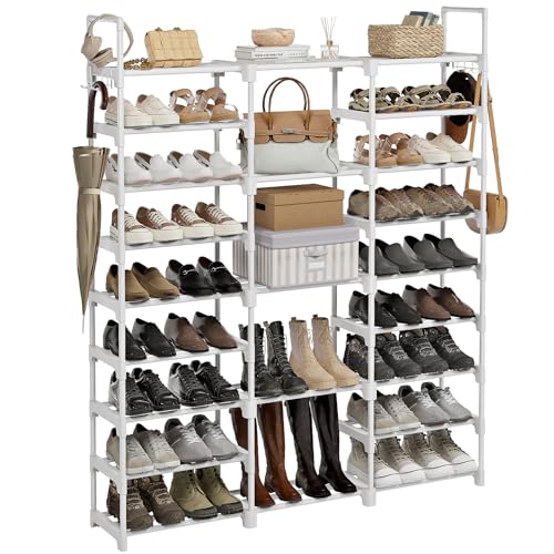 WOWLIVE 9 Tier 3-Column Shoe Rack, 50-55 Pairs Stackable White | 50in Long for Larger Entryways, Removable Shelves Fit Tall Boots, Split into Multiple Units for Garage Closet - color: White, size: 3 Row 9 Tier
