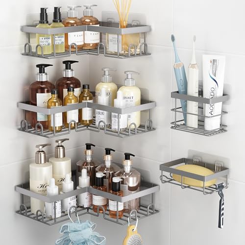 Liuoud Corner Shower Caddy, 5 Pack Adhesive Stainless Steel Organizer, Grey | Shower Shelves with Soap Rack Toothbrush Holder, Large Capacity No Drilling Bathroom Accessory Home Decor Set - color: Grey