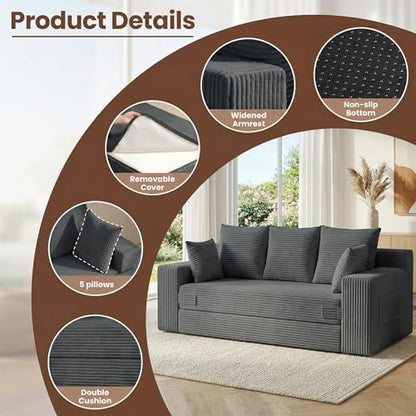 Boneless Couch 70 inch: 3-in-1 Convertible Sofa Bed Futon Couch Bed, Oversized Loveseat Sleeper Sofa with 5 Pillows, Gray Couch for Living Room, Bedroom & Small Space - color: Grey, size: 70 Inch