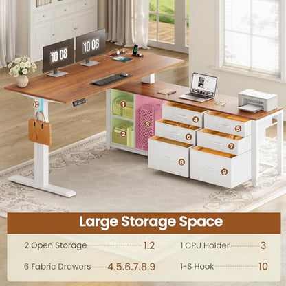 SEDETA L Shaped Electric Standing Desk, 55" x 55" Height Adjustable Office Executive Desk with 6 Fabric Drawers and Storage Shelves, Sit Stand Computer Desk with Power Outlet (White + Brown) - color: White + Brown