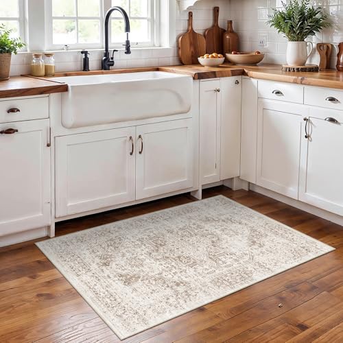 2x3 Washable Area Rug for Entryway: Throw Vintage Neutral Rugs IvoryBeige | Non Slip Pet Friendly Water Resistant Easy Clean Low Pile Design Soft Rug for Kitchen Bedroom Bathroom and Living Room - color: Ivory/Beige, size: 2x3