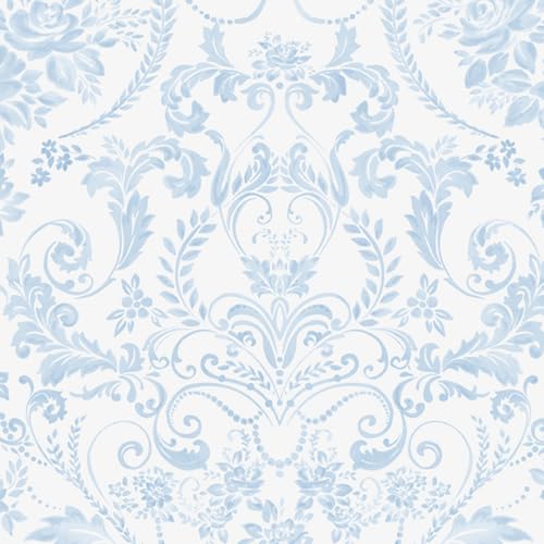 Ismoon Blue and White Wallpaper Floral Peel and Stick Wallpaper 17.3in x 32.8ft Vintage Damask Blue Contact Paper Boho Removable Watercolor Wall Paper for Bedroom Bthroom Kitchen Décor Vinyl - color: Blue and White, size: 17.3" x 393"