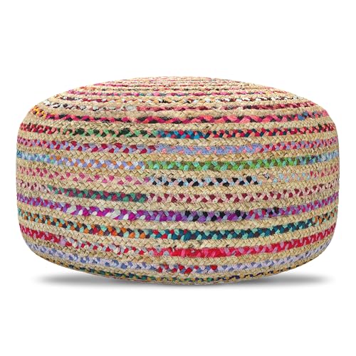 SIMPLIHOME Nate 20" Wide Square Pouf in Light Teal Handwoven Cotton | Versatile boho footstool, braided pouf, extra seating for living room or bedroom with swirl pattern, assembled; pouf ottoman. - color: Multi-color, style: Pouf
