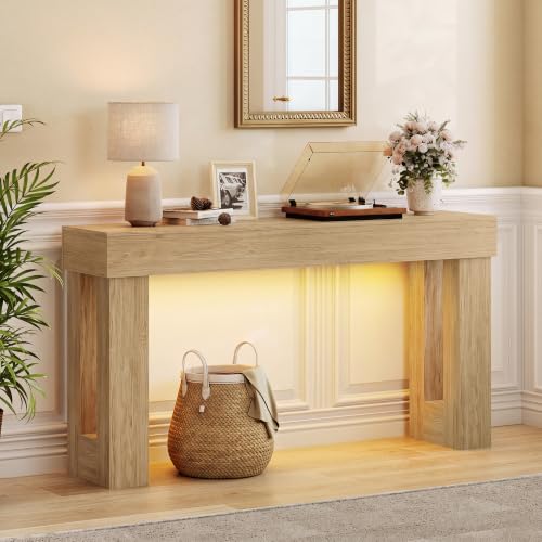 Apicizon 63" Long Console Table for Entryway with LED Light, Farmhouse Wood Sofa Table Behind Couch, Narrow Entry Way Table for Living Room, Hallway, Entrance, Foyer, Natural - color: Natural Oak
