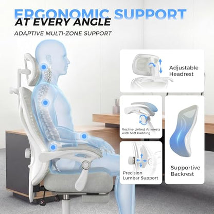 CYKOV Ergonomic Office Chair with Footrest - Adjustable Lumbar Support & Headrest, 90-135° Reclining Mesh Back Computer Chair - Home Office/Gaming, 350lbs Capacity | 4-Way Headrest (4.72" + 60°), 2-Way Lumbar (2" + 1.18"), 90-135° Recline, Breathable Mesh