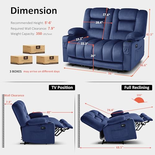 MCombo 56 in Reclining Loveseat Recliner with Heat & Massage PR648 (Blue) | 155° Zero Gravity, Dual Charging Ports, Cup Holders, FSC & OEKO Certified - color: Navy Blue, size: Loveseat Recliner with Zero Gravity
