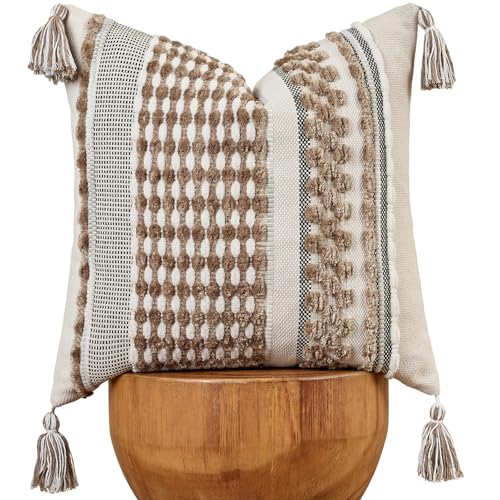 Chenille Striped Textured Boho Throw Pillow Covers Aesthetic with Tassels Woven Decorative Pillow Case for Couch Bed Sofa Bedroom Modern Funky 18 x 18-Inch Taos Taupe - color: Taos Taupe, size: 18" x 18" (Pack of 1)