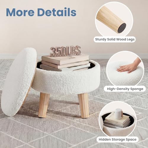 DUMOS Round Storage Ottoman with Reversible Tray Lid, Multi-Functional Footrest, Teddy Velvet Footstool with Wood Legs, Small Coffee Table for Living Room, Bedroom, Beige - color: Beige