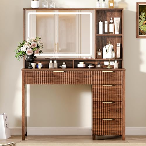 Arulvmrn 43.3'' Vanity Desk with Mirror and Lights, with Glass Tabletop, with 5 Drawers & Shelves,Makeup Vanity Set for Bedroom, Tan - color: Tan