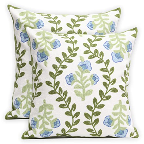 Set of 2 Embroidered Decorative Throw Pillow Covers Couch Square Pillowcases Cushion for Bedroom Sofa Farmhouse Decor 18x18 Inch (Blue Floral) - color: Blue Floral