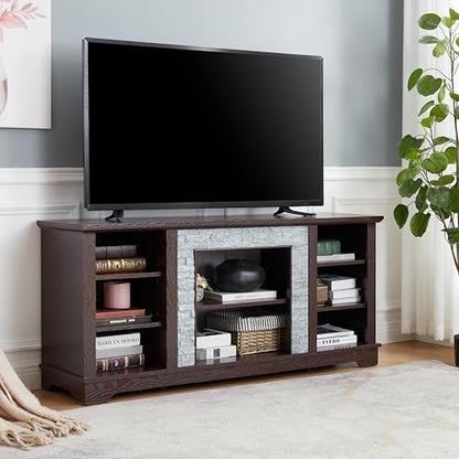Cherry 58 Inch TV Stand for TVs up to 65 inch, Wood Entertainment Center with Faux Stacked Stone Surround and Open Storage, Media Console with 6 Cable Management Holes for Living Room - color: Cherry-a