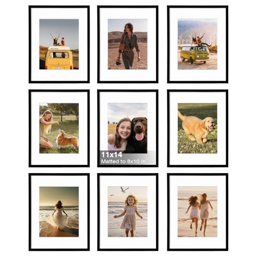 11x14 Picture Frame Set of 9, 14x11 Photo Frames with Plexiglass for 8x10 Picture with Mat or 11x14 Without Mat, Art Collage for Wall Gallery Display, 11 x 14 Frame Black - color: Black, size: 11x14